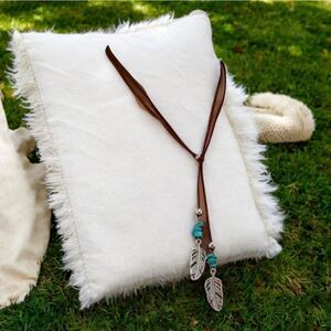 Feather Brown Leather Necklace Turquoise Beaded Pendant Western Boho Jewelry NWT